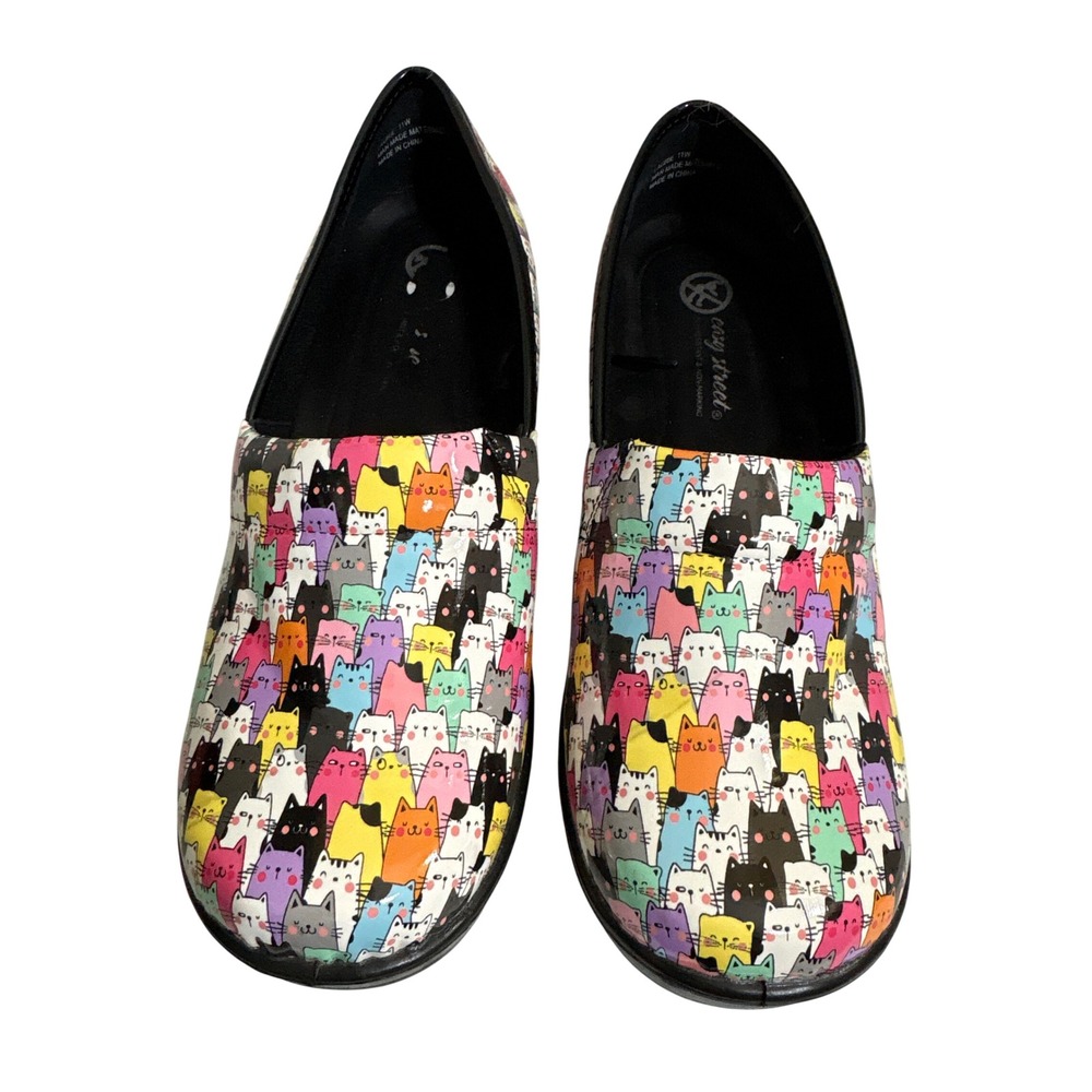 Easy Street Clogs Women 11W Cat Print Multicolor Slip Resistant Excellent Work